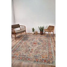 Bigartshome Vintage Halı Göbekli Motifli Gri ve Bej Klasik Dijital Şönil Halı