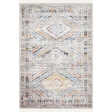 Bigartshome Modern Kilim Desenli, Gri ve Turuncu Tonlarında Eskitilmiş Vintage Dijital Şönil Halı