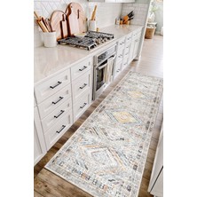 Bigartshome Modern Kilim Desenli, Gri ve Turuncu Tonlarında Eskitilmiş Vintage Dijital Şönil Halı