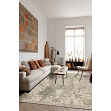 Bigartshome Bej ve Pastel Çiçek Desenli Dijital Şönil Halı Kaymaz Taban, Vintage Stil