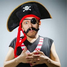 Kerem03 Yetişkin Boy Kadife Kaptan Jack Sparrow Korsan Şapkası ve Plastik Korsan Göz Maskesi