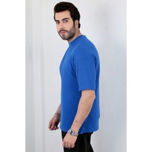 Unisex Mavi Oversize Bisiklet Yaka T-Shirt