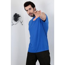 Unisex Mavi Oversize Bisiklet Yaka T-Shirt