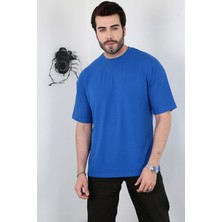 Unisex Mavi Oversize Bisiklet Yaka T-Shirt