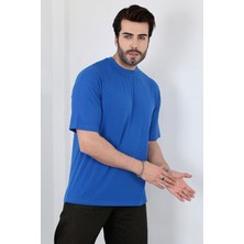 Unisex Mavi Oversize Bisiklet Yaka T-Shirt