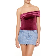 F21 Kadife Tek Omuz Detaylı Bluz