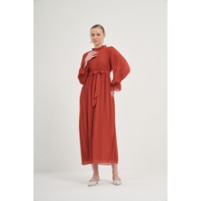 FTZ Women Kadın Plise Şifon Elbise  Kiremit 31019