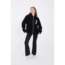 Asil  Siyah Yumoş Kumaş Oversize Fermuarlı Hırka