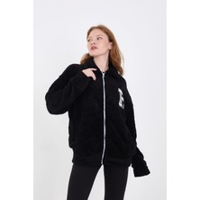 Asil  Siyah Yumoş Kumaş Oversize Fermuarlı Hırka