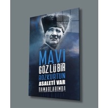 Dikey Mavi Temalı Atatürk Cam Tablo