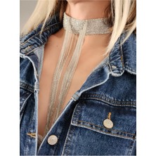 Eva Takı Store 14 Sıralı Zincir V Model Dokuma Sallantılı Vücut Tasma Choker El Yapımı Gümüş Renk Kolye