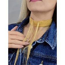 Eva Takı Store 14 Sıralı Zincir V Model Dokuma Sallantılı Vücut Tasma Choker El Yapımı Altın Renk Kolye