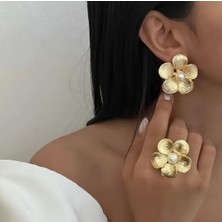 SE Jewellery Gold Çiçek Motifli Inci Detaylı Zarif Kadın Küpe Yüzük Set Takı Seti