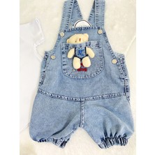 VeroNa Tarz Kız Erkek Bebek Jean Kot Salopet Tulum 2li Set Takım Ayıcık Oyuncaklı Denim Yazlık