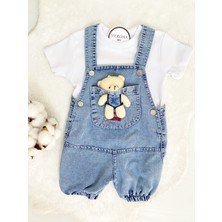 VeroNa Tarz Kız Erkek Bebek Jean Kot Salopet Tulum 2li Set Takım Ayıcık Oyuncaklı Denim Yazlık