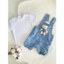 VeroNa Tarz Kız Erkek Bebek Jean Kot Salopet Tulum 2li Set Takım Ayıcık Oyuncaklı Denim Yazlık