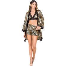 Egeteks Nkadın Leopar Desenli Braletli Sabahlıklı Şortlu Pijama Takımı