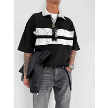 Erkek Polo Yaka Yıkamalı Şeritli Oversize T-Shirt Siyah