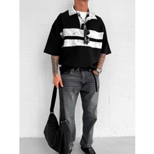 Erkek Polo Yaka Yıkamalı Şeritli Oversize T-Shirt Siyah