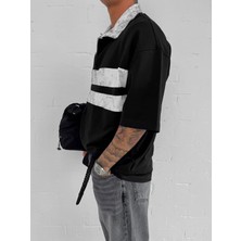 Erkek Polo Yaka Yıkamalı Şeritli Oversize T-Shirt Siyah