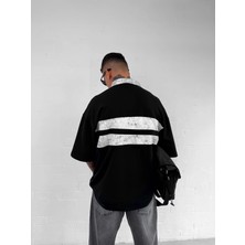 Erkek Polo Yaka Yıkamalı Şeritli Oversize T-Shirt Siyah