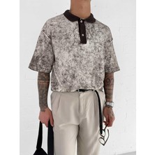 Abluka Online Erkek Düğmeli Polo Yaka Desenli Oversize Triko T-Shirt Kahverengi