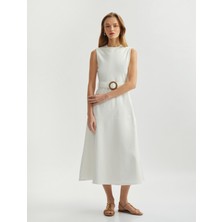 Koton Astarlı Pamuklu Bisiklet Yaka Kolsuz Kemerli Kloş Midi Boy Elbise