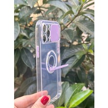 Qans Bilişim iPhone 12 Pro Max Şeffaf Ve Mor Detaylı Kamera Koruyuculu Ve Yüzüklü Silikon Kılıf