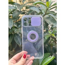 Qans Bilişim iPhone 12 Pro Max Şeffaf Ve Mor Detaylı Kamera Koruyuculu Ve Yüzüklü Silikon Kılıf