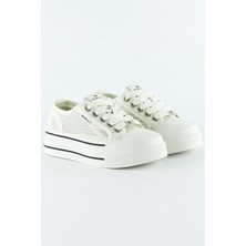 Beyaz Yüksek Taban Spor Fileli Taşlı Bağcıklı Platform Sneaker