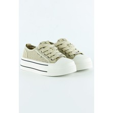 Bej Yüksek Taban Spor Fileli Taşlı Bağcıklı Platform Sneaker