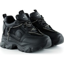 Siyah Yüksek Taban Spor Fileli Taşlı Bağcıklı Platform Sneaker