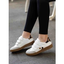 En Cici Moda Belinda Beyaz Cilt Leopar Desenli Cırtlı Kauçuk Taban Kadın Sneaker Ayakkabı