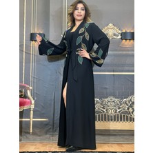 Abaya Üst Uzun Krep Kumaş Yüksek Kalite Işlemeli Siyah Kemerli