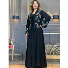 Abaya Üst Uzun Krep Kumaş Yüksek Kalite Işlemeli Siyah Kemerli