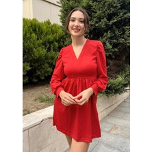 Kadın Uzun Kollu V Yaka Belden Hafif Pileli Scuba Krep Mini Boy Elbise