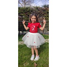 Novy Baby 23 Nisan Atatürk Baskılı Omuzu Kolu Fırfırlı Tişört Kız Çocuk - 2-9 Yaş - Kırmızı Gri Simli - 2088