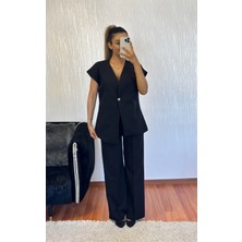 Shine & Style Tek Gold Düğme Klasik Kumaş Palazzolu Takım Siyah