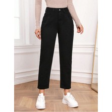 Yüksek Bel Mom  Jeans Havuç Kesim  Kot - siyah