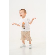 Magu Pamuk Ayıcık Baskılı Beyaz Erkek Bebek Tişört ve Çizgili Şort Ikili Takım (6-24 Ay)