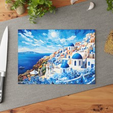 Painted Anarchy Santorini Temalı Temperli Cam Kesme Tahtası Seti - Kaymaz, Çizilmez, Kolay Temizlenen