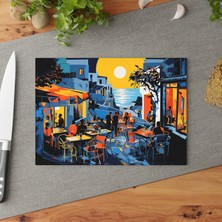 Painted Anarchy Santorini'den Esinlenen Temperli Cam Kesme Tahtası - Şık Tasarım, Kaymaz Yüzey, Çizilmez