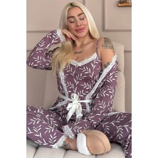 Mor Zeytin Dalı Desenli Sabahlıklı Pegasus Pijama Takımı