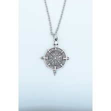 Viking Vegvisir Pusula  Gümüş Kaplama Düz Zincir Kolye