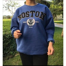 Gokilibutik Kadın 3 Iplik içi şardonlu kabartma yazılı indigo Bisiklet Yaka Sweat
