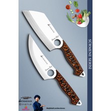 Sürmene Serisi Outdoor Bıçak Kamp Bıçağı Mutfak Şef Bıçak Bıçağı Deri Kılıflı 2 Li Set Kahverengi (OUT-007)