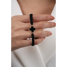 Diamine 14 Ayar Altın Siyah Taşlı Yonca Ip Bileklik Unisex