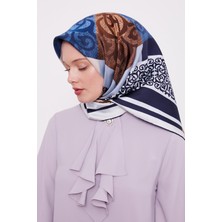 Lacivert Etnik Desen Twil Ipek Eşarp