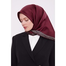 Vişne Şerit Leopar Desen Twill İpek Eşarp