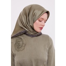 Lêvi D'or Yeşil Şerit Leopar Desen Twill İpek Eşarp